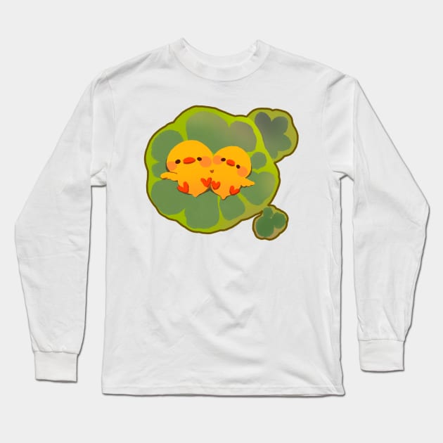 Cute Yellow Ducks Sunbathing on Lilypads Long Sleeve T-Shirt by vooolatility